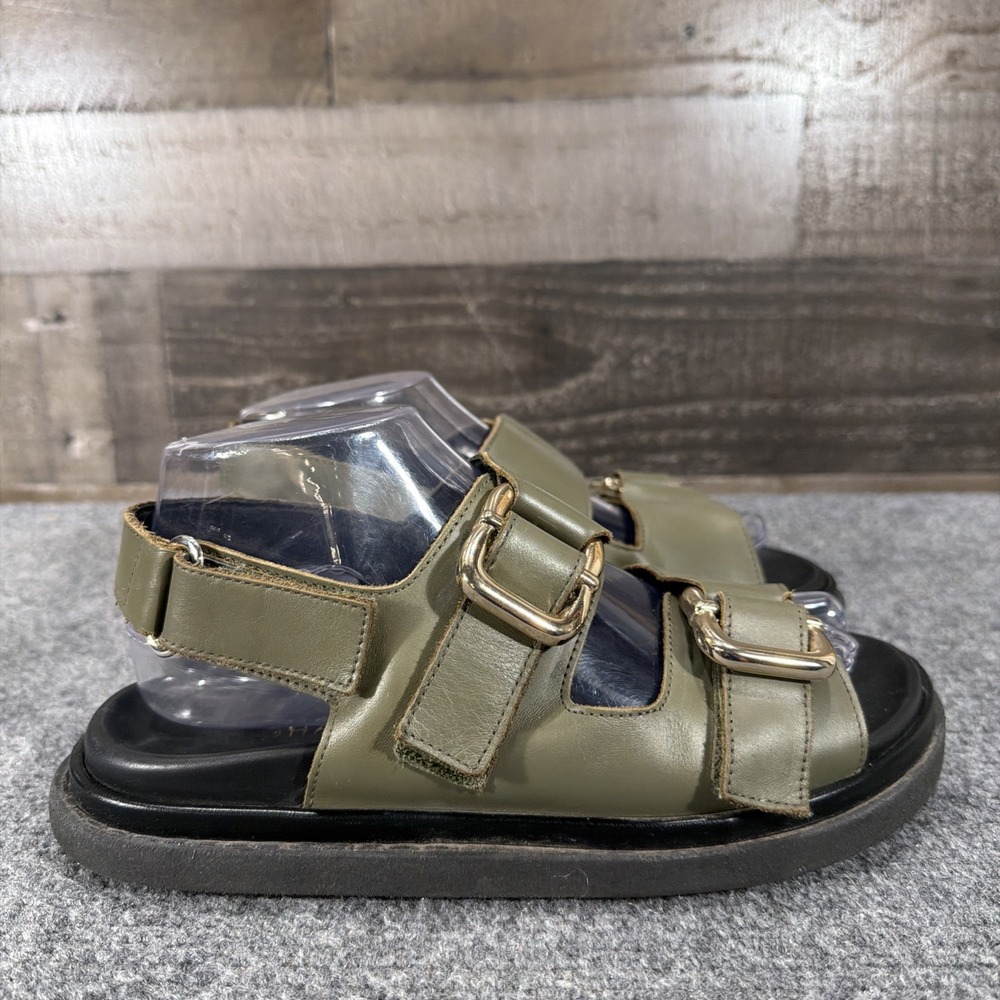 ALOHAS Harper Flat Sandals Olive Green Leather Chunky Gold Buckle EU 38 US 7 7.5 - Picture 5 of 12